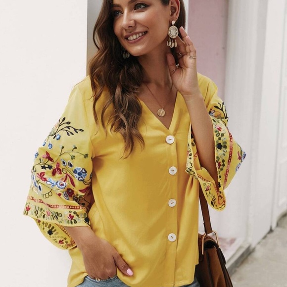 RONNIE Embroidered Sleeve Button down Blouse - Picture 5 of 6